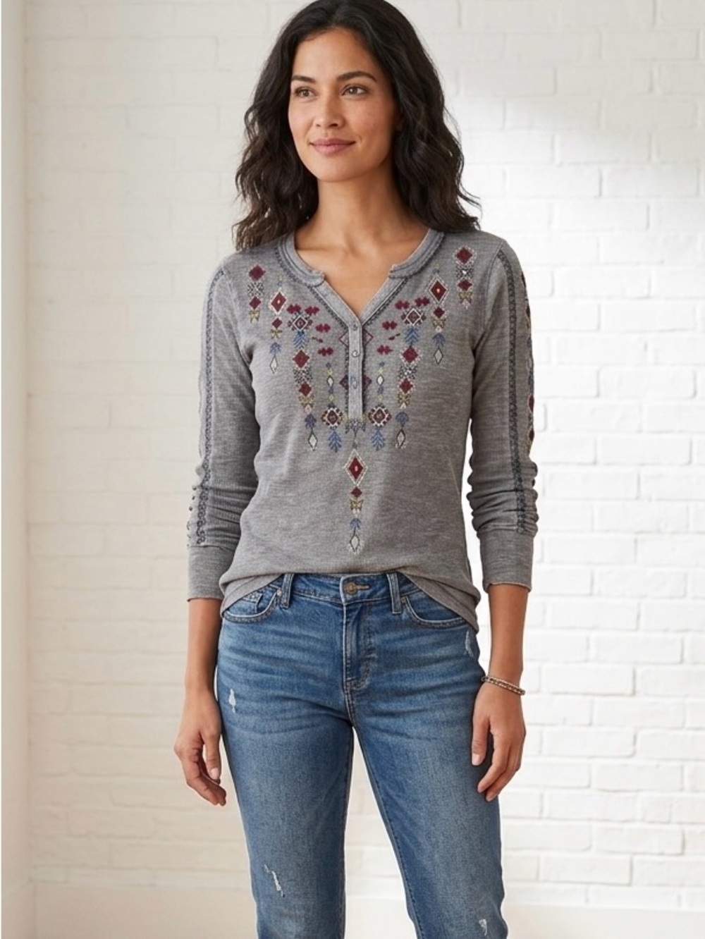 New! Sundance Embroidered Boho Southwestern Thermal Henley Shirt Womens Size XS